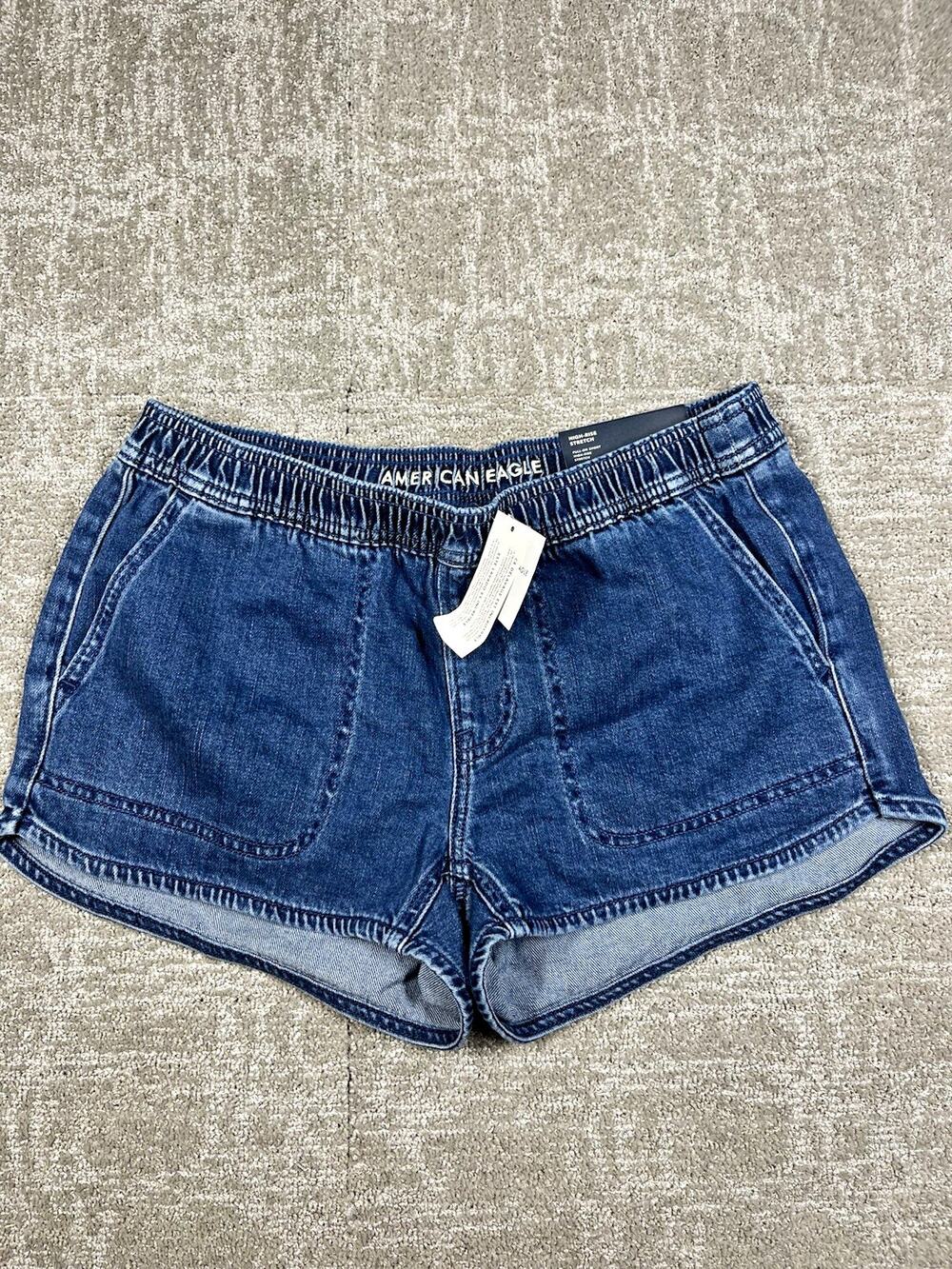 American Eagle High Rise Pull On Elastic Waist Blue Denim Shorts Size S